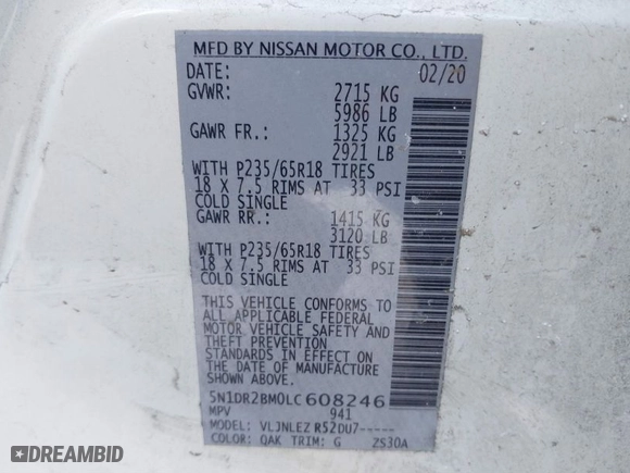 2020 Nissan Pathfinder SV with VIN 5N1DR2BM0LC608246, listed as a IAAI auction lot 41629956 with 88,104 mi miles. Bid and sale history available at carsss.com. Image 9.