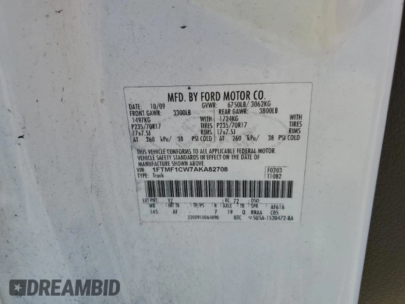 2010 Ford F-150 XL with VIN 1FTMF1CW7AKA82708, listed as a Copart auction lot 55641935 with 143,009 mi miles and Clean title. Bid and sale history available at DreamBid. Image 13.