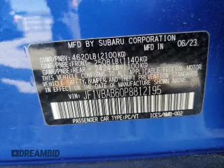 2023 Subaru WRX with VIN JF1VBAB60P8812195, listed as a Copart auction lot 50088245 with 22,588 mi miles and Salvage title. Bid and sale history available at DreamBid. Image 13.