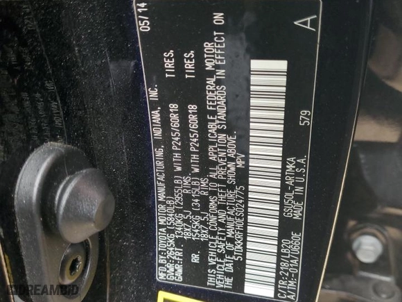 2014 Toyota Highlander XLE with VIN 5TDKKRFH0ES024775, listed as a Copart auction lot 48034365 with 98,104 mi miles and Clean Title. Bid and sale history available at carsss.com. Image 13.