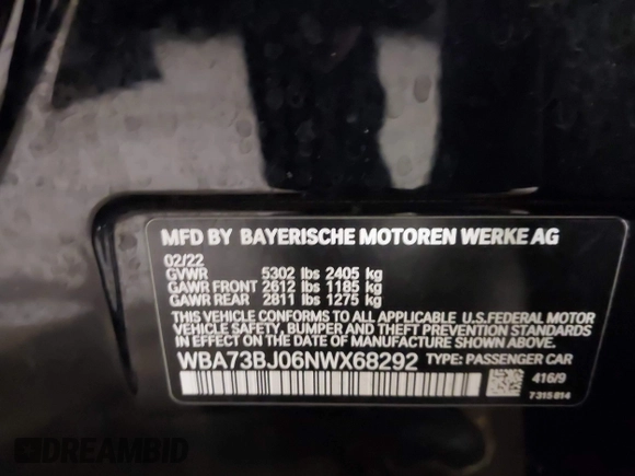 2022 BMW 5 Series 540i xDrive with VIN WBA73BJ06NWX68292, listed as a IAAI auction lot 41093254 with Not provided miles and . Bid and sale history available at DreamBid. Image 9.