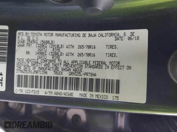 2018 Toyota Tacoma SR5 with VIN 3TMAZ5CN1JM071396, listed as a IAAI auction lot 42061640 with 122,148 mi miles and . Bid and sale history available at DreamBid. Image 9.