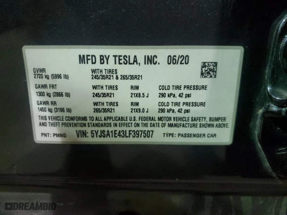 2020 Tesla Model S Performance with VIN 5YJSA1E43LF397507, listed as a Copart auction lot 46349585 with NaN miles and Salvage Title. Bid and sale history available at carsss.com. Image 12.