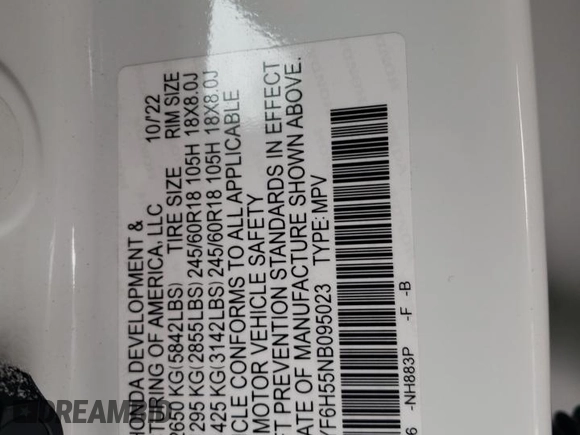 2022 Honda Pilot EX-L с VIN 5FNYF6H55NB095023, выставлен на аукционе Copart как лот 45405865 с пробегом 24 062 миль миль и Списание • Salvage title. История ставок и продаж доступна на DreamBid. Изображение 13.