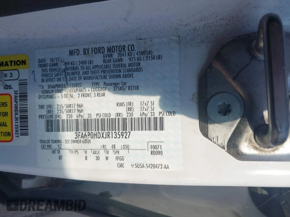 2018 Ford Fusion SE with VIN 3FA6P0HDXJR135927, listed as a IAAI auction lot 42645427 with 107,756 mi miles and . Bid and sale history available at DreamBid. Image 9.