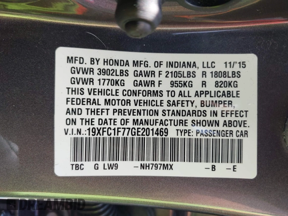 2016 Honda Civic EX-L with VIN 19XFC1F77GE201469, listed as a IAAI auction lot 42441617 with 67,803 mi miles and . Bid and sale history available at DreamBid. Image 9.