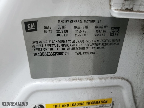 2012 Buick LaCrosse Convenience with VIN 1G4GB5E33CF368176, listed as a Copart auction lot 58062054 with 50,806 mi miles and Salvage Title. Bid and sale history available at carsss.com. Image 12.