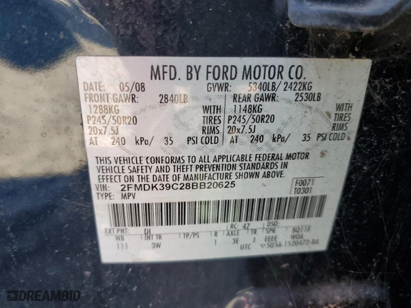 2008 Ford Edge Limited with VIN 2FMDK39C28BB20625, listed as a Copart auction lot 47139645 with 209,584 mi miles and Clean Title. Bid and sale history available at carsss.com. Image 12.