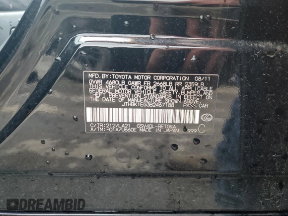 2011 Lexus ES 330 with VIN JTHBK1EG3B2467188, listed as a Copart auction lot 56004045 with 63,216 mi miles and Salvage Title. Bid and sale history available at DreamBid. Image 13.