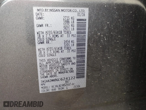 2016 Nissan Pathfinder Platinum с VIN 5N1AR2MN9GC624122, выставлен на аукционе Copart как лот 61268275 с пробегом 158 972 миль миль и Чистый • Clean title. История ставок и продаж доступна на DreamBid. Изображение 12.
