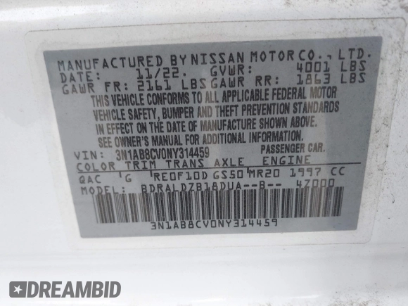 2022 Nissan Sentra SV z VIN 3N1AB8CV0NY314459, wystawiony jako IAAI lot #41268638 z przebiegiem Nie podano mil oraz . Historia ofert i sprzedaży dostępna na DreamBid. Obrazek 9.