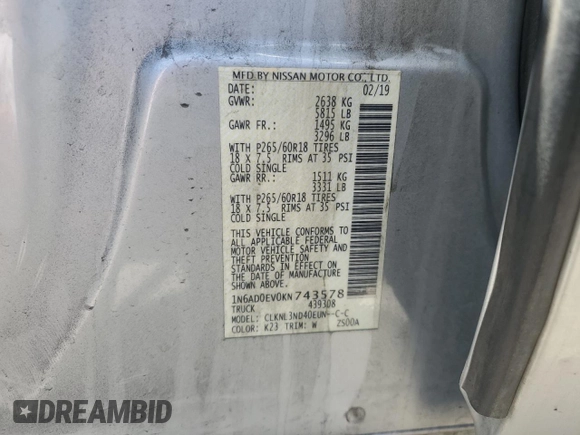 2019 Nissan Frontier SV with VIN 1N6AD0EV0KN743578, listed as a Copart auction lot 60747765 with 73,903 mi miles and Salvage title. Bid and sale history available at DreamBid. Image 12.
