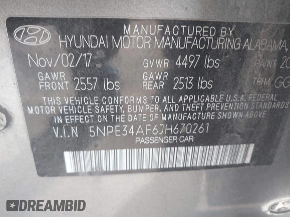 2018 Hyundai Sonata Limited with VIN 5NPE34AF6JH670261, listed as a IAAI auction lot 41350253 with 120,075 mi miles. Bid and sale history available at carsss.com. Image 9.
