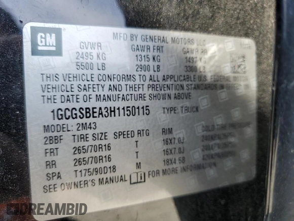 2017 Chevrolet Colorado 2WD WT with VIN 1GCGSBEA3H1150115, listed as a Copart auction lot 47270825 with 128,070 mi miles and Salvage title. Bid and sale history available at DreamBid. Image 13.