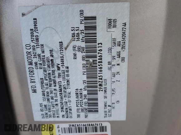 2005 Ford Freestar SE z VIN 2FMZA51665BA67613, wystawiony jako Copart lot #43418315 z przebiegiem Nie podano mil oraz Nie do naprawy. Historia ofert i sprzedaży dostępna na DreamBid. Obrazek 15.
