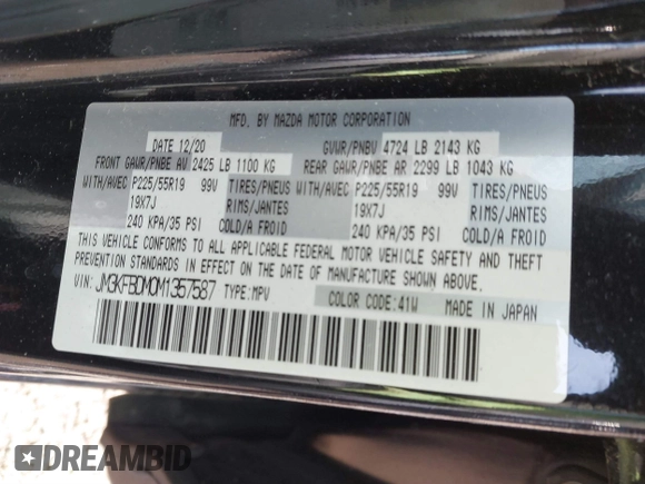 2021 Mazda CX-5 Grand Touring with VIN JM3KFBDM0M1357587, listed as a IAAI auction lot 41680245 with 1 mi miles. Bid and sale history available at carsss.com. Image 9.