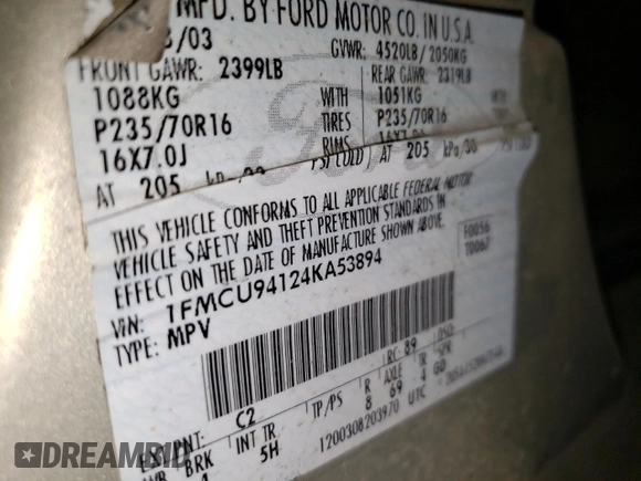 2004 Ford Escape Limited z VIN 1FMCU94124KA53894, wystawiony jako Copart lot #62788415 z przebiegiem 177 654 mil mil oraz Szkoda całkowita • Salvage title. Historia ofert i sprzedaży dostępna na DreamBid. Obrazek 13.