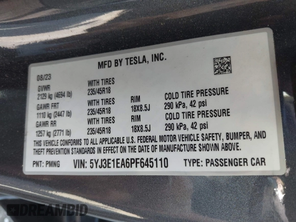 2023 Tesla Model 3 with VIN 5YJ3E1EA6PF645110, listed as a IAAI auction lot 42044357 with 24,352 mi miles and . Bid and sale history available at DreamBid. Image 9.