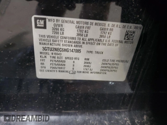 2017 GMC Sierra 1500 SLT z VIN 3GTU2NEC6HG147085, wystawiony jako Copart lot #51821545 z przebiegiem 154 421 mil mil oraz Szkoda całkowita • Salvage title. Historia ofert i sprzedaży dostępna na DreamBid. Obrazek 12.