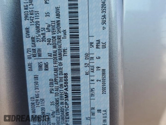 2021 Ford F-150 XL z VIN 1FTEW1CP3MFA58688, wystawiony jako Copart lot #56254525 z przebiegiem 60 792 mil mil oraz Szkoda całkowita • Salvage title. Historia ofert i sprzedaży dostępna na DreamBid. Obrazek 12.