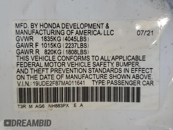 2021 Acura ILX Premium with VIN 19UDE2F87MA011641, listed as a Copart auction lot 54579725 with 64,820 mi miles and Salvage title. Bid and sale history available at DreamBid. Image 12.