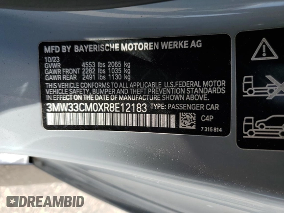 2024 BMW 2 Series 230i xDrive with VIN 3MW33CM0XR8E12183, listed as a Copart auction lot 59224654 with Not provided miles and Salvage title. Bid and sale history available at DreamBid. Image 12.