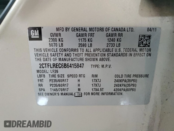 2011 GMC Terrain SLE-1 with VIN 2CTFLREC6B6415847, listed as a Copart auction lot 63406235 with 173,874 mi miles and Clean title. Bid and sale history available at DreamBid. Image 13.