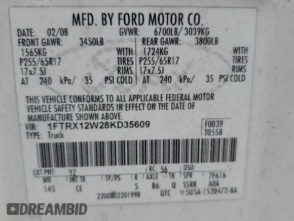2008 Ford F-150 STX with VIN 1FTRX12W28KD35609, listed as a Copart auction lot 50948055 with 416,130 mi miles and Salvage Title. Bid and sale history available at carsss.com. Image 14.