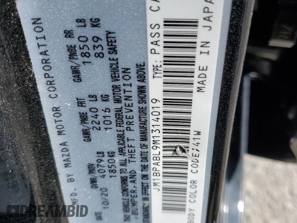 2021 Mazda 3 Select with VIN JM1BPABL9M1314019, listed as a Copart auction lot 51925175 with Not Provided miles and Salvage Title. Bid and sale history available at DreamBid. Image 14.