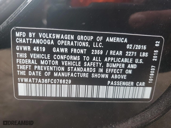 2015 Volkswagen Passat 1.8T S with VIN 1VWAT7A36FC076629, listed as a Copart auction lot 51547755 with 275,959 mi miles and Salvage Title. Bid and sale history available at carsss.com. Image 12.