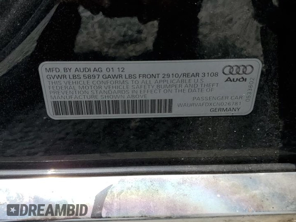 2012 Audi A8 with VIN WAURVAFDXCN026781, listed as a Copart auction lot 59197615 with 160,567 mi miles and Salvage title. Bid and sale history available at DreamBid. Image 12.