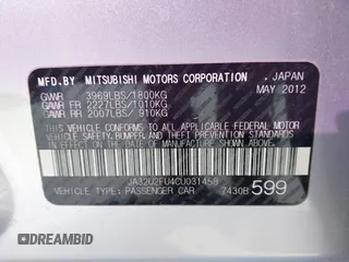2012 Mitsubishi Lancer ES with VIN JA32U2FU4CU031458, listed as a IAAI auction lot 42598590 with 265,884 mi miles and . Bid and sale history available at DreamBid. Image 9.