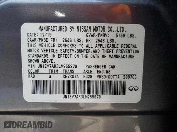 2020 Infiniti Q50 Luxe with VIN JN1EV7AR3LM255979, listed as a Copart auction lot 47680775 with 61,340 mi miles and Salvage title. Bid and sale history available at DreamBid. Image 12.