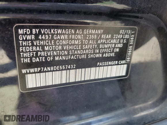2013 Volkswagen CC Lux with VIN WVWRP7AN8DE557432, listed as a Copart auction lot 72277624 with 138,161 mi miles and Salvage Title. Bid and sale history available at DreamBid. Image 12.