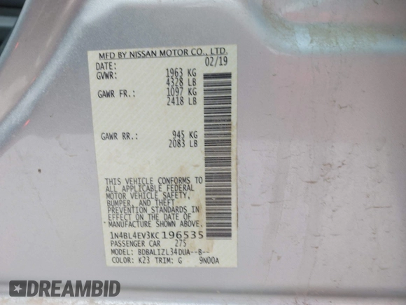 2019 Nissan Altima 2.5 SL with VIN 1N4BL4EV3KC196535, listed as a IAAI auction lot 41512924 with 84,898 mi miles. Bid and sale history available at carsss.com. Image 9.