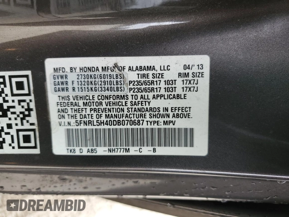 2013 Honda Odyssey EX z VIN 5FNRL5H40DB070687, wystawiony jako Copart lot #58624925 z przebiegiem 232 232 mil mil oraz Czysty tytuł • Clean title. Historia ofert i sprzedaży dostępna na DreamBid. Obrazek 13.