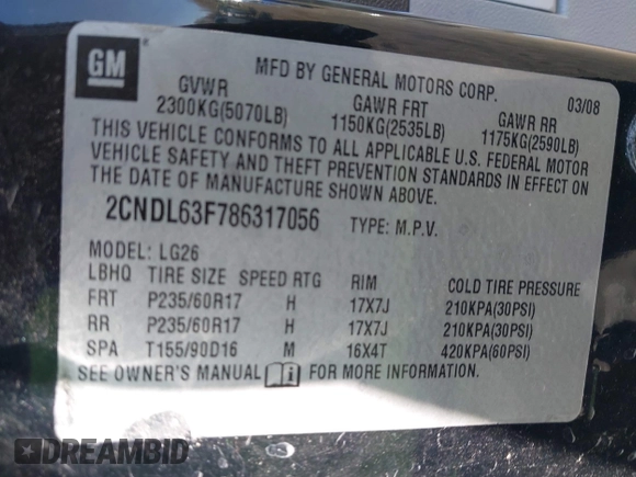 2008 Chevrolet Equinox LT with VIN 2CNDL63F786317056, listed as a IAAI auction lot 41901352 with 97,715 mi miles. Bid and sale history available at carsss.com. Image 9.