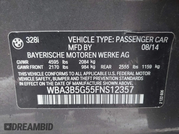 2015 BMW 3 Series 328i xDrive with VIN WBA3B5G55FNS12357, listed as a IAAI auction lot 41564058 with 91,573 mi miles. Bid and sale history available at carsss.com. Image 9.