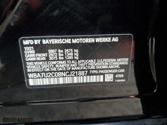 2022 BMW 7 Series 750i xDrive with VIN WBA7U2C08NCJ21887, listed as a Copart auction lot 86499504 with 0 mi miles and Non Repairable. Bid and sale history available at carsss.com. Image 13.