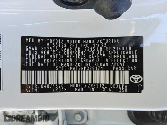 2022 Toyota Corolla LE with VIN 5YFEPMAE2NP388171, listed as a Copart auction lot 52139875 with 56,865 mi miles and Clean Title. Bid and sale history available at DreamBid. Image 12.
