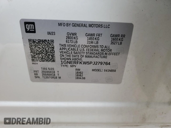 2023 Chevrolet Traverse LS with VIN 1GNERFKW5PJ279764, listed as a Copart auction lot 53683035 with 38,430 mi miles and Salvage title. Bid and sale history available at DreamBid. Image 13.