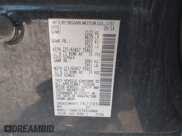 2015 Nissan Rogue SL with VIN 5N1AT2MV0FC767735, listed as a IAAI auction lot 41952625 with 134,870 mi miles and . Bid and sale history available at carsss.com. Image 9.