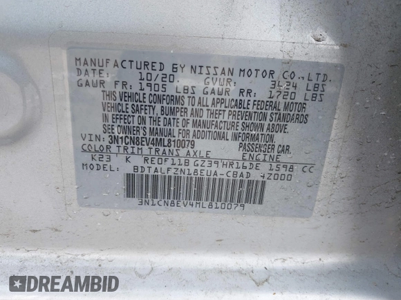 2021 Nissan Versa SV with VIN 3N1CN8EV4ML810079, listed as a IAAI auction lot 41892860 with 71,029 mi miles and . Bid and sale history available at DreamBid. Image 9.