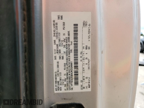 2018 Ford F-150 XL with VIN 1FTEX1EB4JKD24981, listed as a Copart auction lot 56063335 with 190,135 mi miles and Salvage title. Bid and sale history available at DreamBid. Image 12.