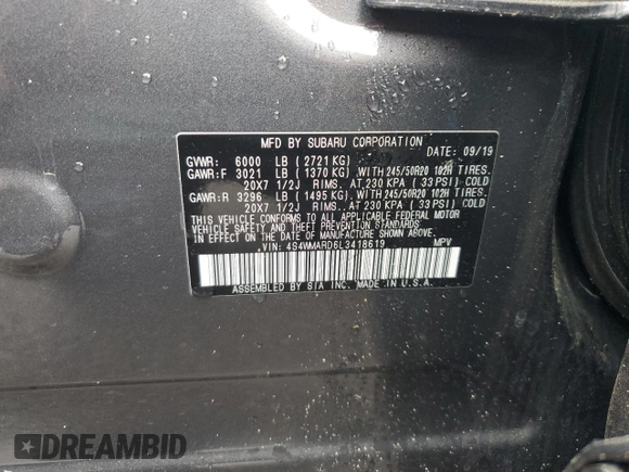 2020 Subaru Ascent Touring with VIN 4S4WMARD6L3418619, listed as a Copart auction lot 56298435 with 26,441 mi miles and Salvage title. Bid and sale history available at DreamBid. Image 13.