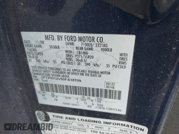 2009 Ford F-150 XL with VIN 1FTPW12V59FA18709, listed as a IAAI auction lot 42053057 with 156,035 mi miles. Bid and sale history available at carsss.com. Image 9.