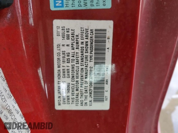 2012 Honda CR-Z EX with VIN JHMZF1D66CS005012, listed as a Copart auction lot 47679345 with 135,090 mi miles and Clean Title. Bid and sale history available at DreamBid. Image 12.