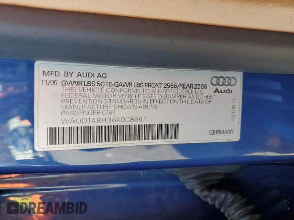 2006 Audi A4 3.0L with VIN WAUDT48H36K008081, listed as a Copart auction lot 76512014 with 0 mi miles and Salvage Title. Bid and sale history available at carsss.com. Image 12.