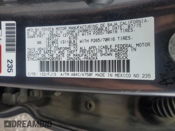 2015 Toyota Tacoma with VIN 3TMLU4EN6FM203591, listed as a Copart auction lot 58518185 with 149,729 mi miles and Salvage title. Bid and sale history available at DreamBid. Image 12.