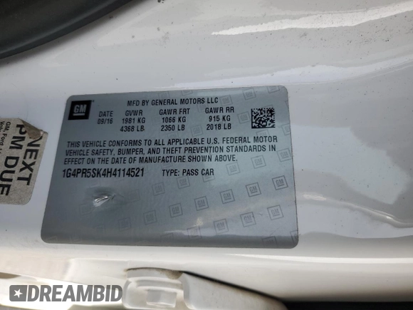 2017 Buick Verano Sport Touring with VIN 1G4PR5SK4H4114521, listed as a Copart auction lot 49881525 with 211,706 mi miles and Salvage Title. Bid and sale history available at carsss.com. Image 12.